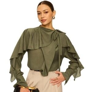 Commense Top Womens Small Green Ruffle Neck Tie Quiet Luxury Minimalist Gauze